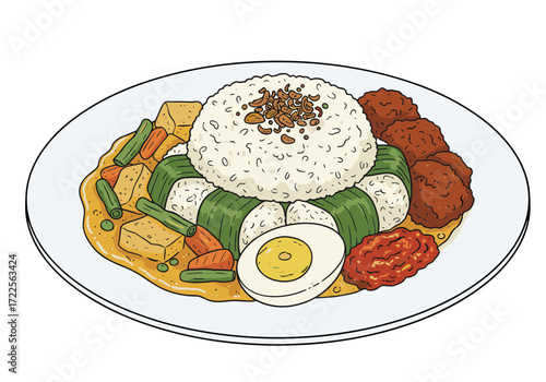 Detailed Line Art Nasi Lemak Indonesian Food Cuisine Illustration