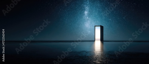 Open door portal in dark space revealing blue sky and distant stars with interior light reflection creating futuristic gateway concept for business breakthrough and new opportunities.