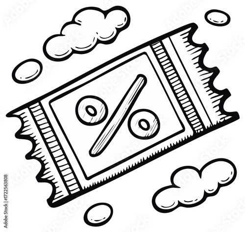 Hand-Drawn Illustration of Discount Coupons Surrounded by Clouds Outlines