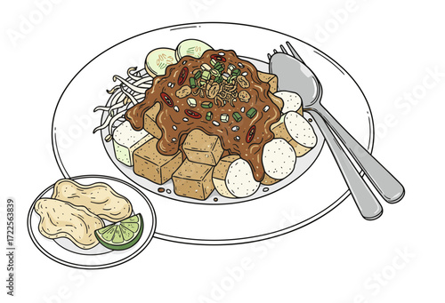 Detailed Line Art Tofu Dish Illustration with Peanut Sauce Cuisine Meal