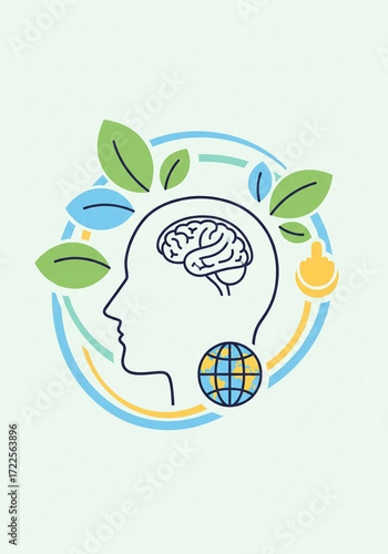 Mindful awareness concept with brain, nature, and globe vector illustration.