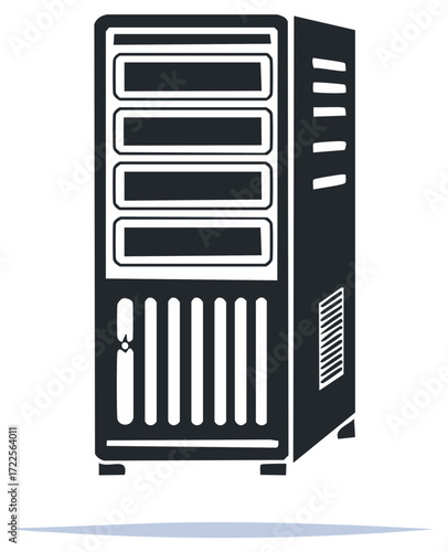 Server rack icon displaying digital data storage with multiple bays and ventilation system for cooling