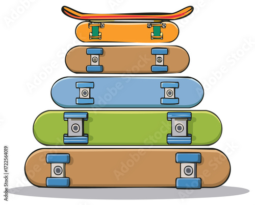Stacked Colorful Skateboards Illustration Cartoon Skateboard Deck Pile Wheels Sports Equipment Fun Recreation