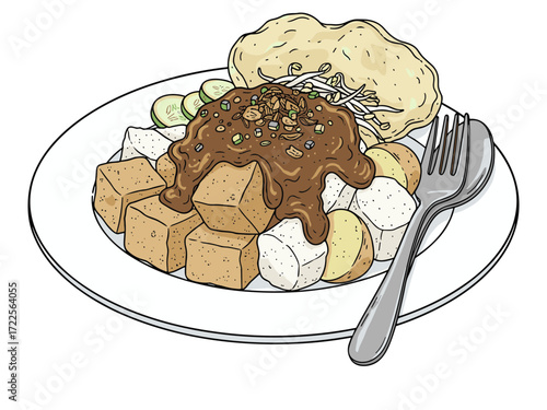 Line Art Illustration Tahu Gejrot Indonesian Food Culinary Traditional Cuisine