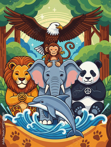 Cute cartoon animals standing together in a forest with peace signs.
