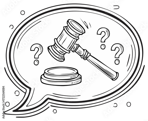 Legal questions represented by judge gavel, sound block, speech bubble, and question marks in sketchy black and white style