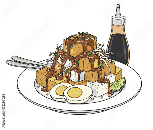 Detailed Line Art Tofu Dish Indonesian Culinary Art Illustration