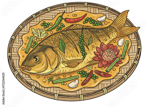 Hand Drawn Fresh Water Carp Fish Curry Illustration Asian Cuisine
