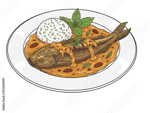 Handdrawn Detailed Fish Curry Meal with Rice Dish Illustration