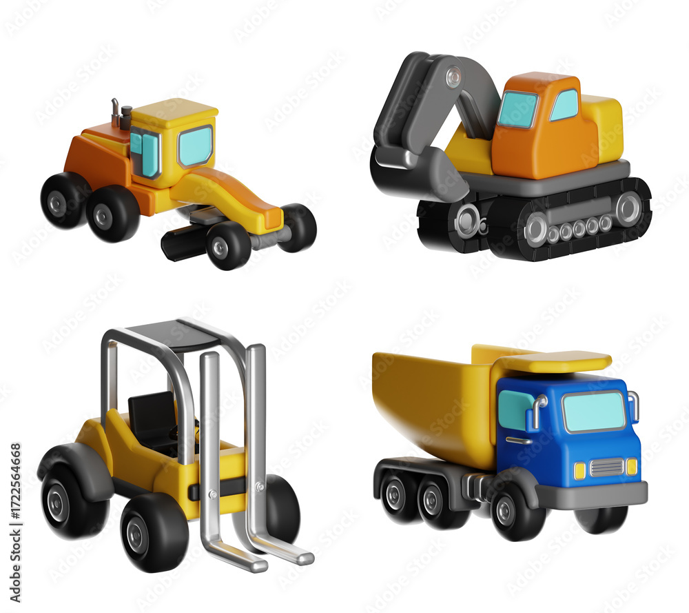 Naklejka premium Construction vehicles 3d rendering of heavy machinery set