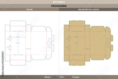 Flip top box packaging template with handle design in custom dimensions featuring professional carton dieline and editable structural die line for manufacturers