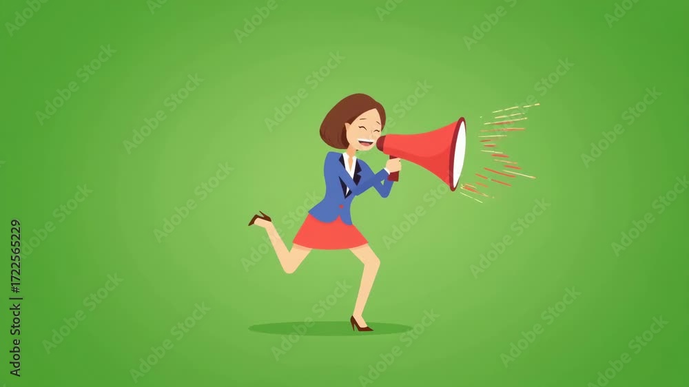 Flat vector illustration of a businesswoman in suit running with a megaphone. Symbol of promotion, marketing