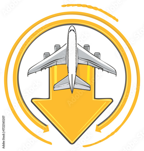 Aircraft descending travel symbol with yellow arrow and circular journey path
