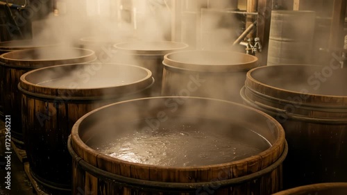 Steaming wooden barrels filled with liquid, possibly sake or soy sauce brewing.