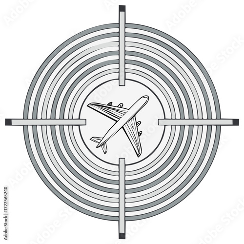 Stylized airplane within a target symbol, representing focused travel, flight path, and destination.