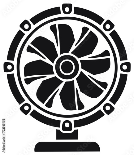 Black silhouette of a vintage desk fan with a round grille and rotating blades