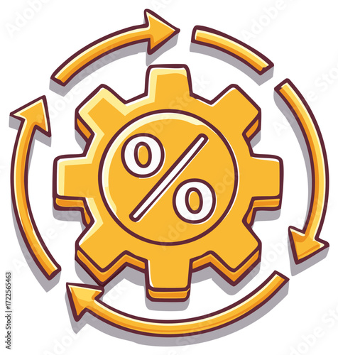 Golden gear with percentage symbol and circular arrows indicating process, cycle, or optimization