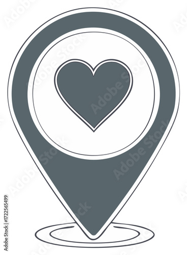 Grey map pin icon with heart symbol inside for location love or favorite destination