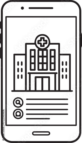 Mobile healthcare app showing hospital building, connecting patients and doctors digitally, telemedicine innovation for convenient virtual medical consultations