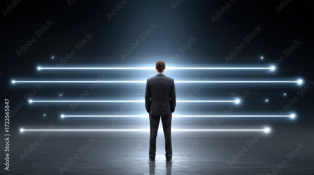 Fototapeta premium Illuminated figure, man stands before a wall of light in captivating display
