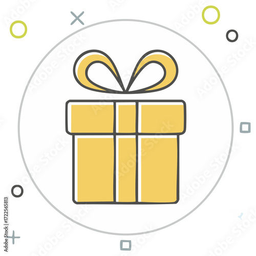 Stylized wrapped yellow gift box with bow for celebration and festive season simple illustration isolated on white