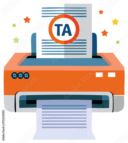 Orange Cartoon Printer Printing Tax Assessment Document with Decorative Stars