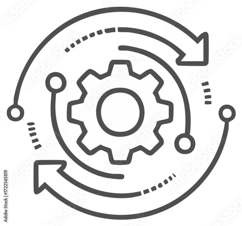 Abstract gear mechanism with circular arrows symbolizing process flow and system integration