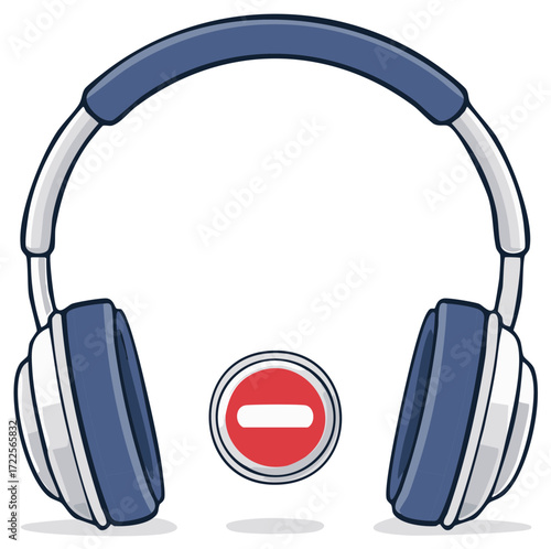 Cartoon headphones with a red do not enter symbol representing no music sound off or muted audio
