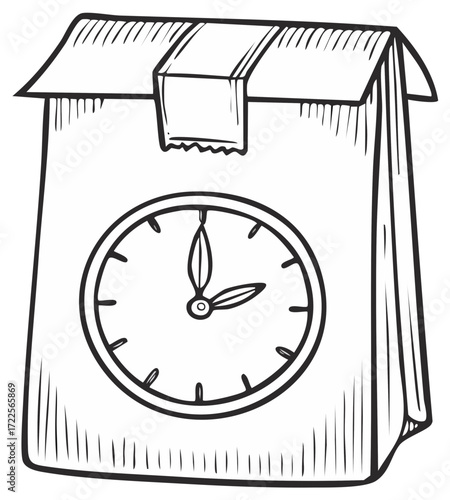 A paper lunch bag with a clock drawn on it symbolizing meal time or timely food delivery