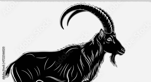 A majestic ram with large curved horns stands proudly.