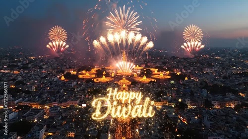 aerial view illuminated temple city fireworks diwali celebration
