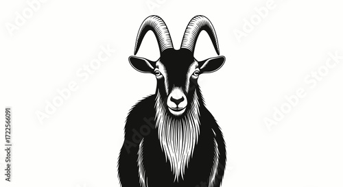 Black and White Illustration of a Goat with Large Horns.