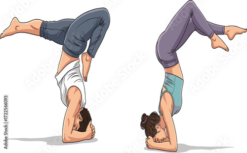 Man and woman practicing yoga headstand pose, fitness exercise balance, healthy lifestyle, workout training, meditation, flexibility body control illustration