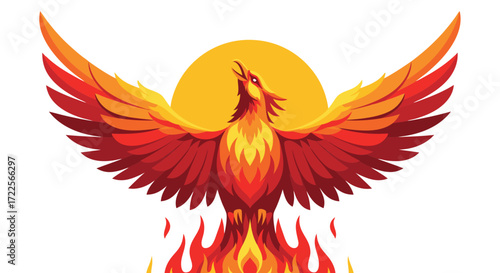 Phoenix rising from flames with sun in background.