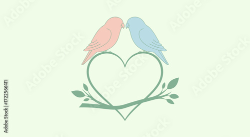 Two love birds perched on a branch forming a heart shape.