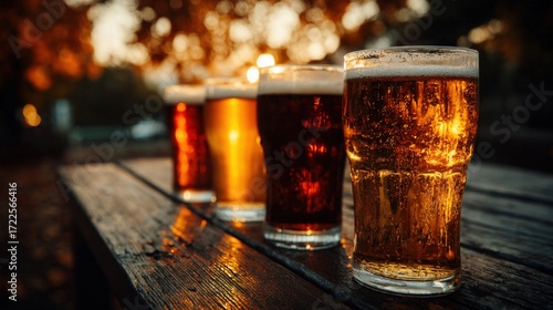 A vibrant autumn beer flight displayed on a rustic outdoor patio, showcasing four distinct glasses of beer against a backdrop of blurred fall foliage. neutral background, clear negative space
