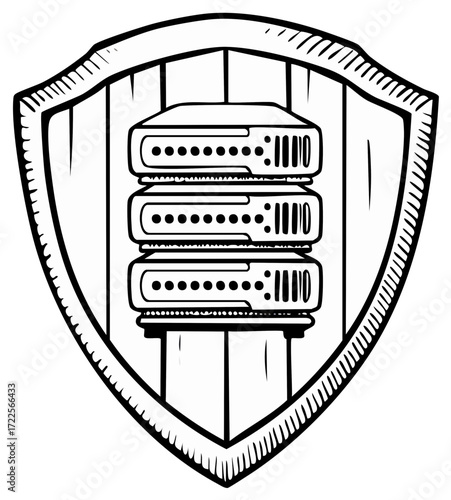 Outline illustration of server racks within a strong protective shield representing data security and network safety