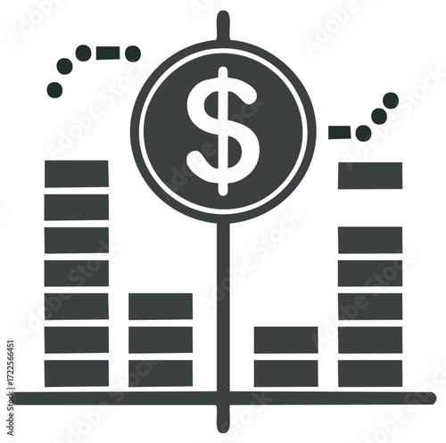 Dollar coin centered above rising bar graph representing financial growth and investment concept