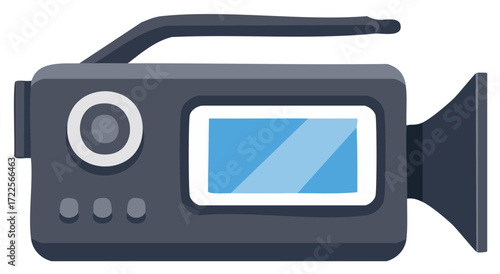 Simple dark grey camcorder with blue screen and lens for video recording and film production illustration