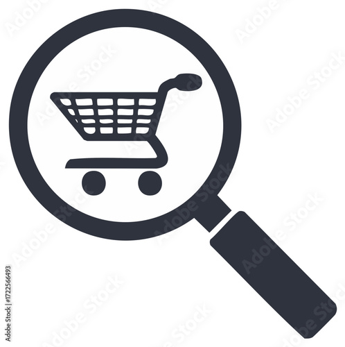 Shopping cart under magnifying glass symbolizing search for online retail or purchase options