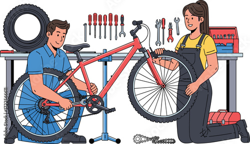 Man and woman repairing bicycle in workshop, fixing bike with tools, teamwork maintenance, mechanical service, cycling repair illustration concept