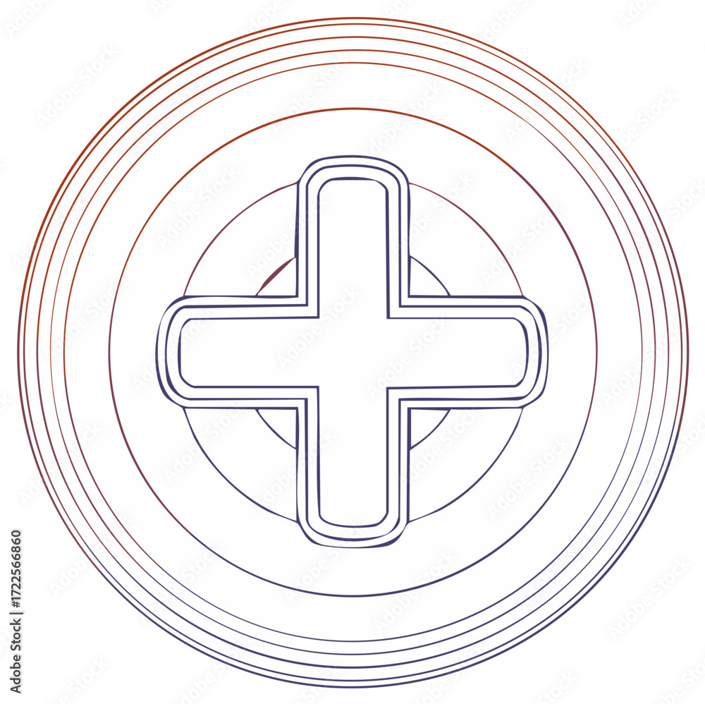 Obraz premium Outlined Plus Sign in Circle with Concentric Circles, Graphic Design, Modern Illustration, Gradient Colors