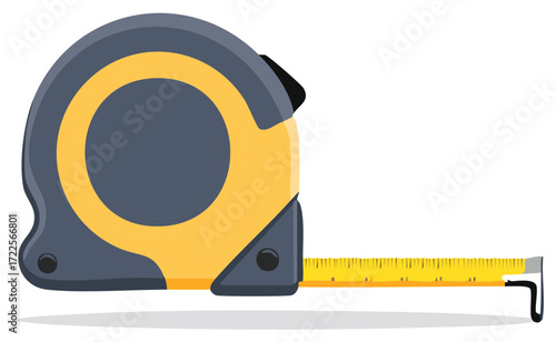 Cartoon illustration of a yellow and grey measuring tape showing a length with markings