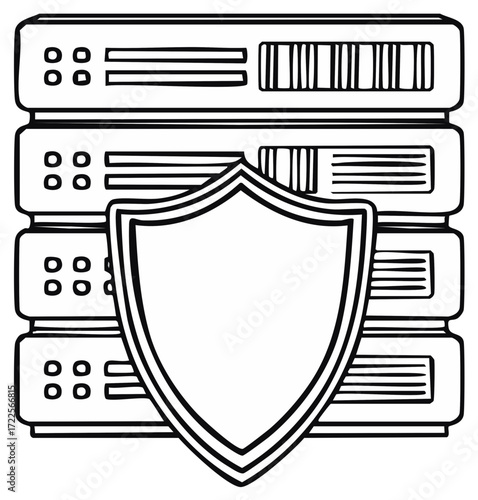 Server Rack with Security Shield Icon for Cybersecurity and Data Protection Line Art