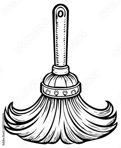 Black and white illustration of old feather duster with decorated band and handle detail, design element or clip art