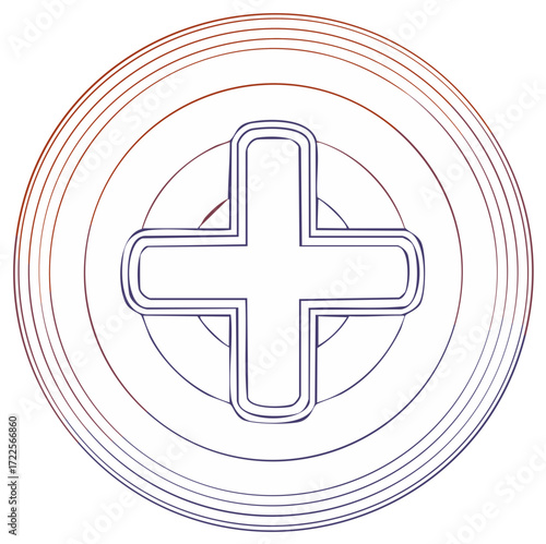 Outlined Plus Sign in Circle with Concentric Circles, Graphic Design, Modern Illustration, Gradient Colors