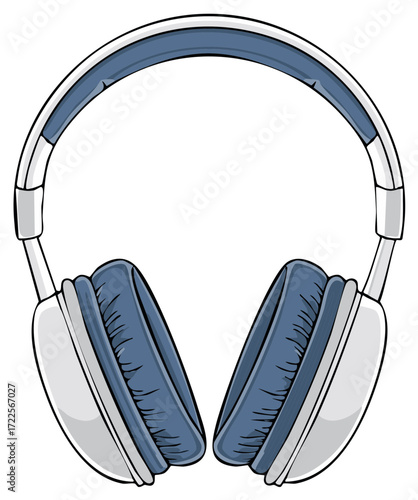 Grey wireless Headphones with blue padding illustration for listening music or audio