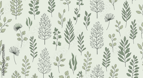 Delicate botanical pattern featuring detailed leafy illustrations in muted green tones, ideal for backgrounds, textiles, and natural-themed design projects.
