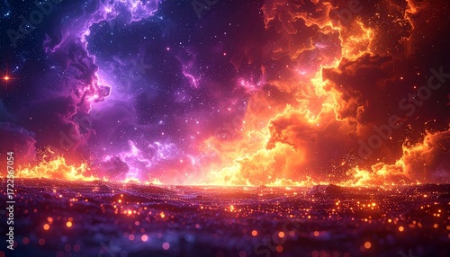 紫とオレンジ色の炎のような雲の背景と焼けたような灼熱のキラキラした地面。AIで生成