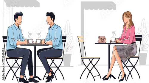 People sitting at outdoor café table, two men having coffee conversation, woman alone with drink, social lifestyle, modern city illustration